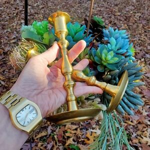 VINTAGE Brass Candlestick Holders 7.5 Inch Set Both Marked "Japan" Mid - century